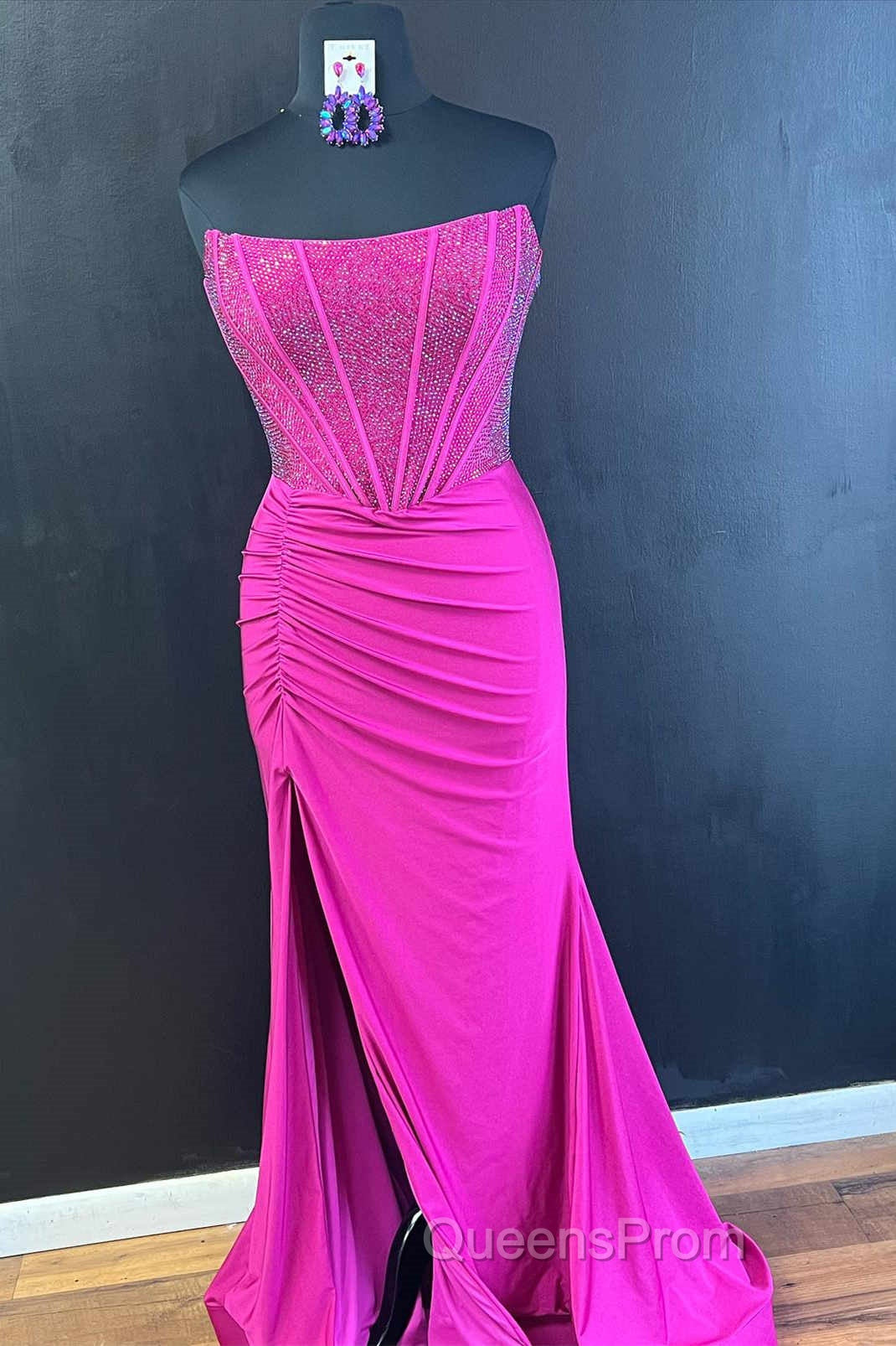 Hunter Green Mermaid Strapless Beaded Pleated Long Evening Prom Dress