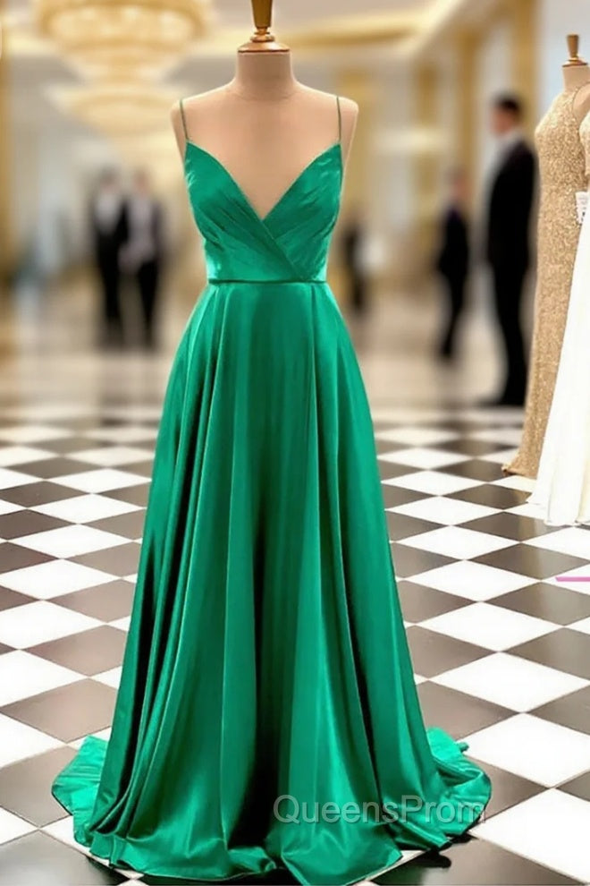 Hunter Green Evening Prom Dress, A-line V Neck Spaghetti Straps Sweep Train Charmeuse Evening Prom Dress With Pleated Main image