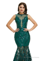 Sequins Sleeveless Floor Length Crew Neck Prom Dresses