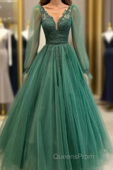Hunter Green V-Neckline Tulle With Lace Applique Party Dress, Green Evening Dress