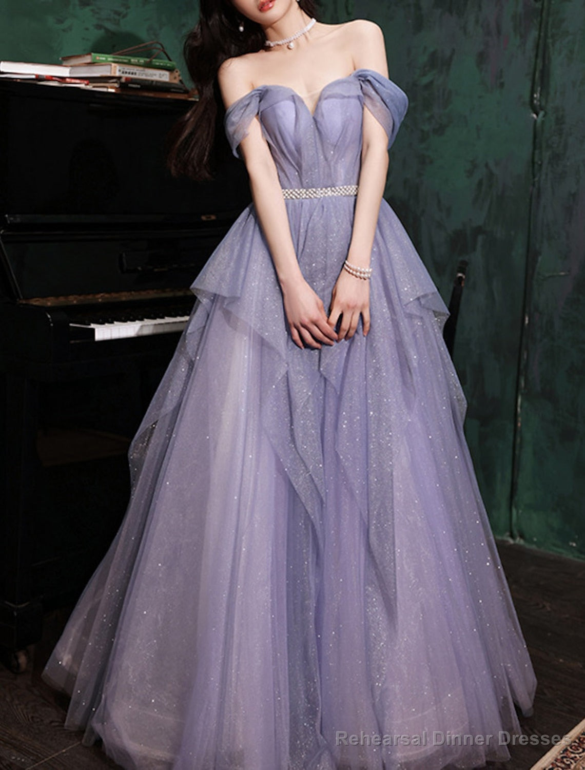 A-Line Prom Dresses Sparkle & Shine Dresses Wedding Guest Birthday Floor Length Sleeveless Off Shoulder Tulle with Sequin Dresses Secondary image