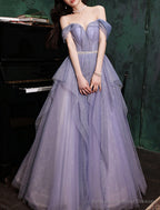 A-Line Prom Dresses Sparkle & Shine Dresses Wedding Guest Birthday Floor Length Sleeveless Off Shoulder Tulle with Sequin Dresses