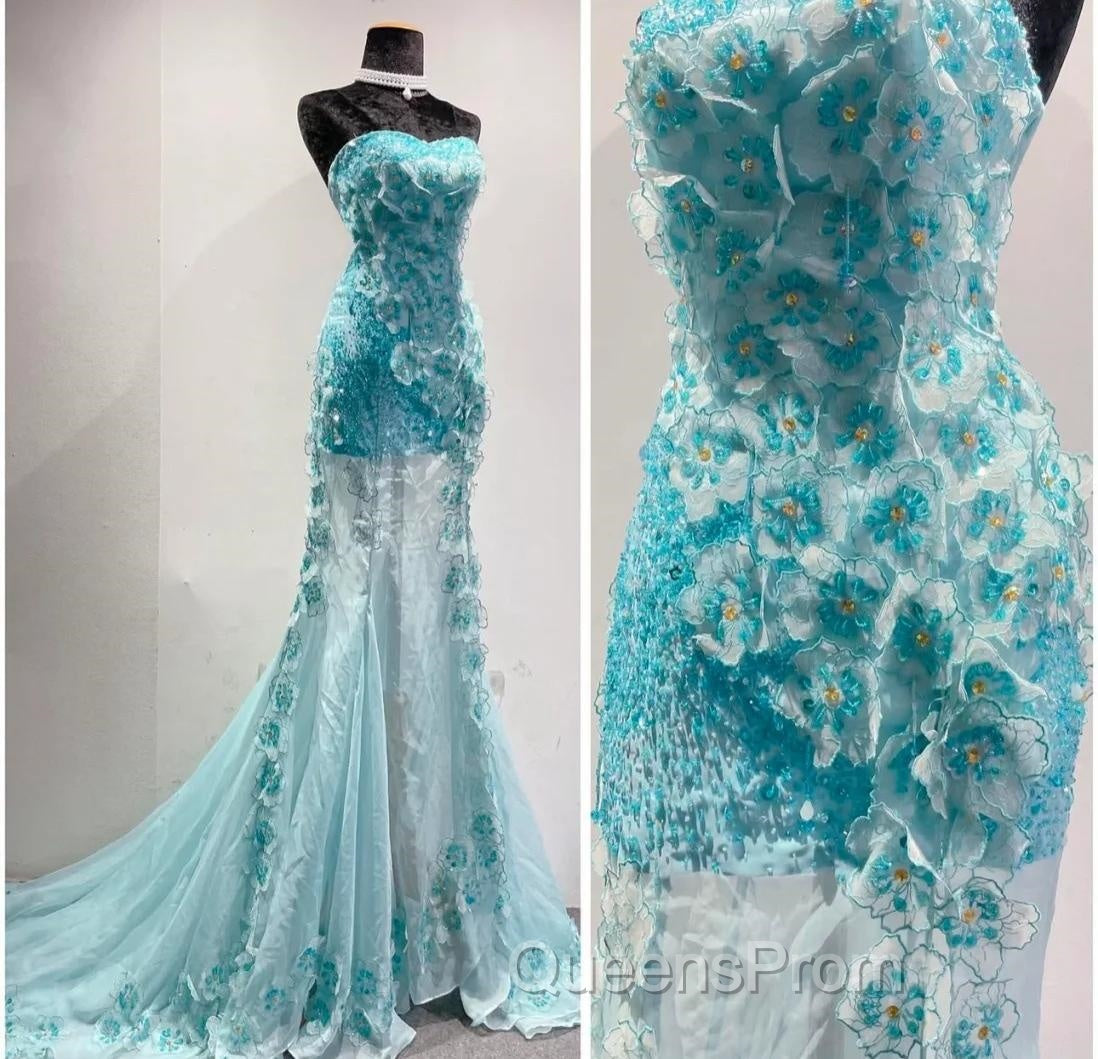 Ice Blue Ombre Mermaid Strapless Chiffon Long Wedding Dress With Appliques And Beading Evening Prom Dress