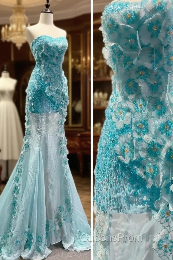 Ice Blue Ombre Mermaid Strapless Chiffon Long Wedding Dress With Appliques And Beading Evening Prom Dress Main image