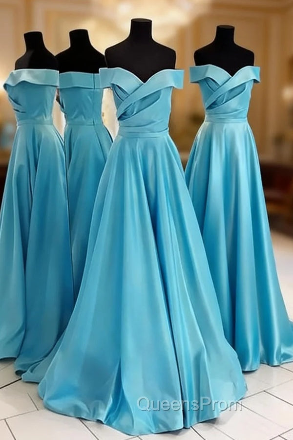 Ice Blue Evening Prom Dress, A-line/Princess Off-the-Shoulder Sleeveless Sweep Train Satin Evening Prom Dress