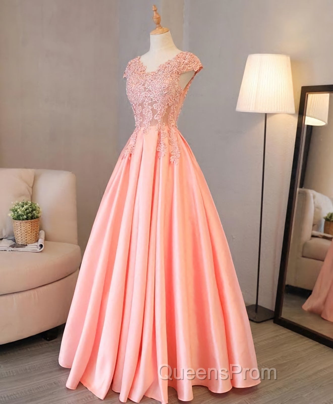 Custom Made V Neck Lace Long Evening Prom Dress, Lace Evening Dress