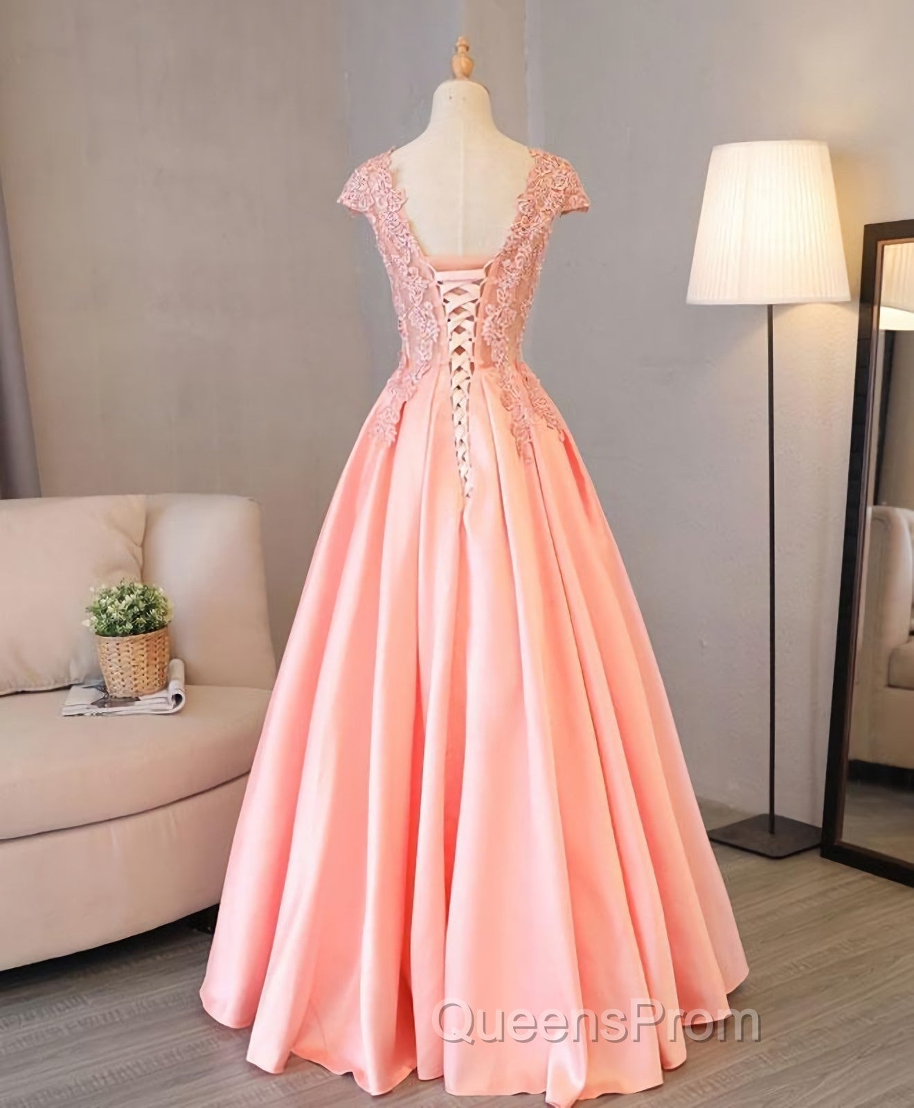 Custom Made V Neck Lace Long Evening Prom Dress, Lace Evening Dress