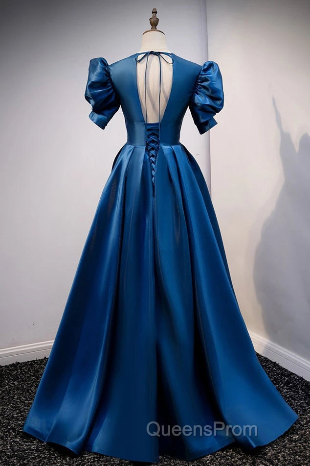 Blue V Neck Satin Short Sleeves Long Evening Prom Dress Blue Satin Evening Dress Secondary image