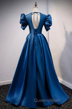 Blue V Neck Satin Short Sleeves Long Evening Prom Dress Blue Satin Evening Dress