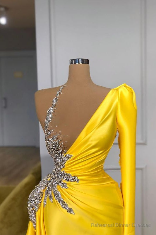 Illusion neck Bright Yellow One shoulder Bubble Sleeves Prom Dress Main image