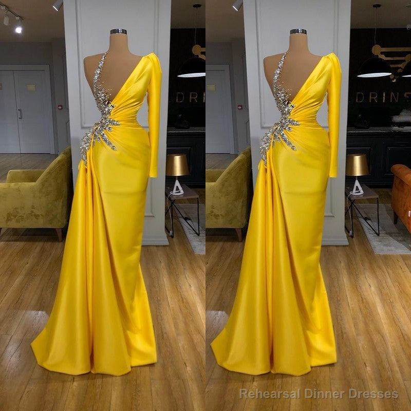 Illusion neck Bright Yellow One shoulder Bubble Sleeves Prom Dress Secondary image
