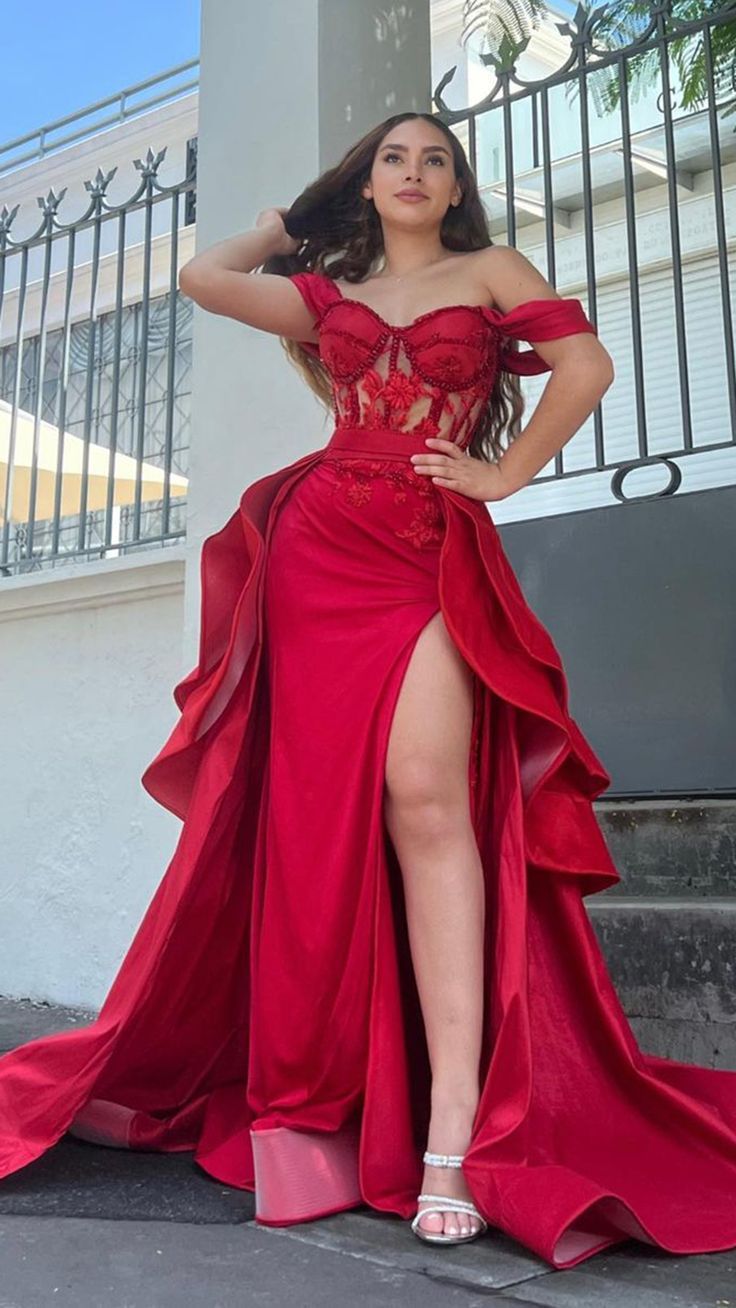 Illusion Off The Shoulder Red Floral Beaded Classy Prom Classy Evening Dress Main image