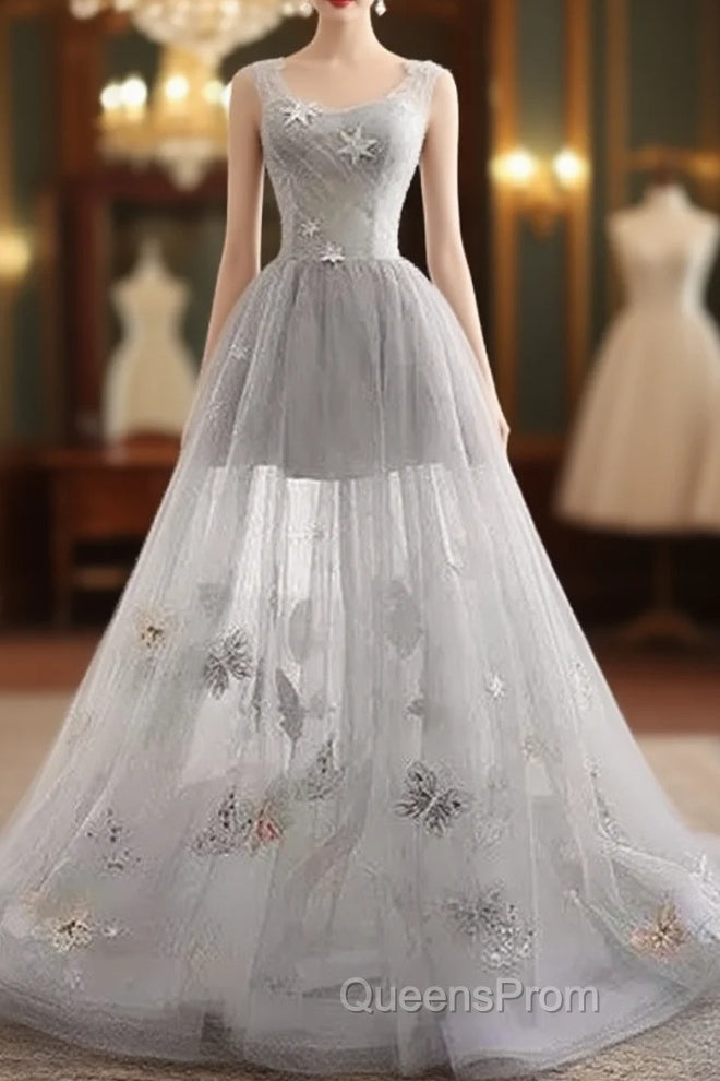 Illusion Tulle Short A-Line Gray Evening Prom Dress, Main image