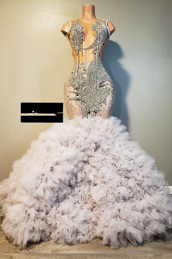 Silver Sleeveless Mermaid Prom Dress Ruffles With Beadings Main image