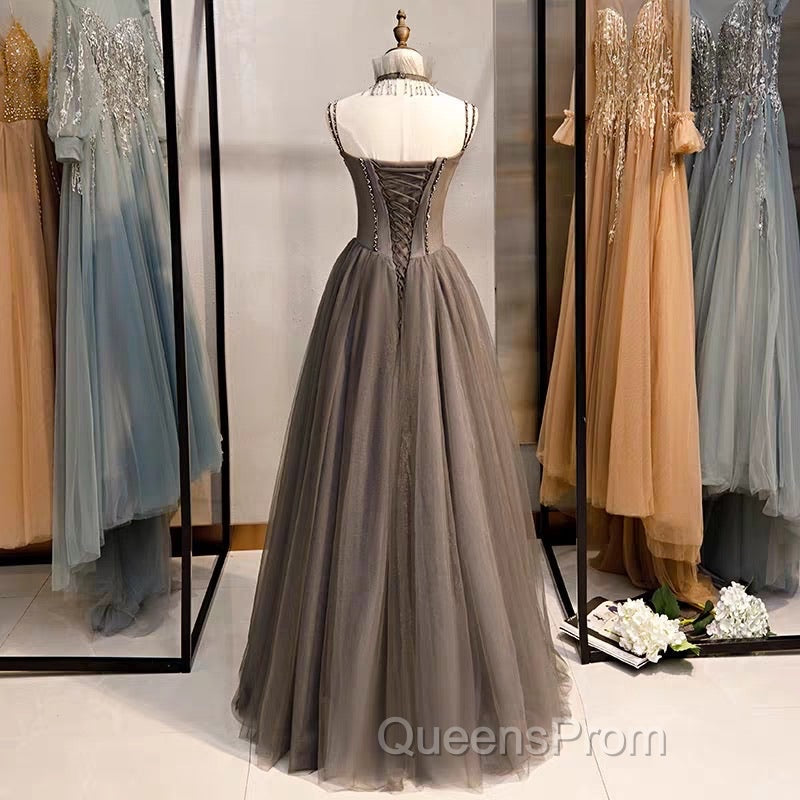 A-Line Evening Prom Dress Open Back Dress Formal Wedding Party Floor Length Sleeveless Spaghetti Strap Tulle with Pleats