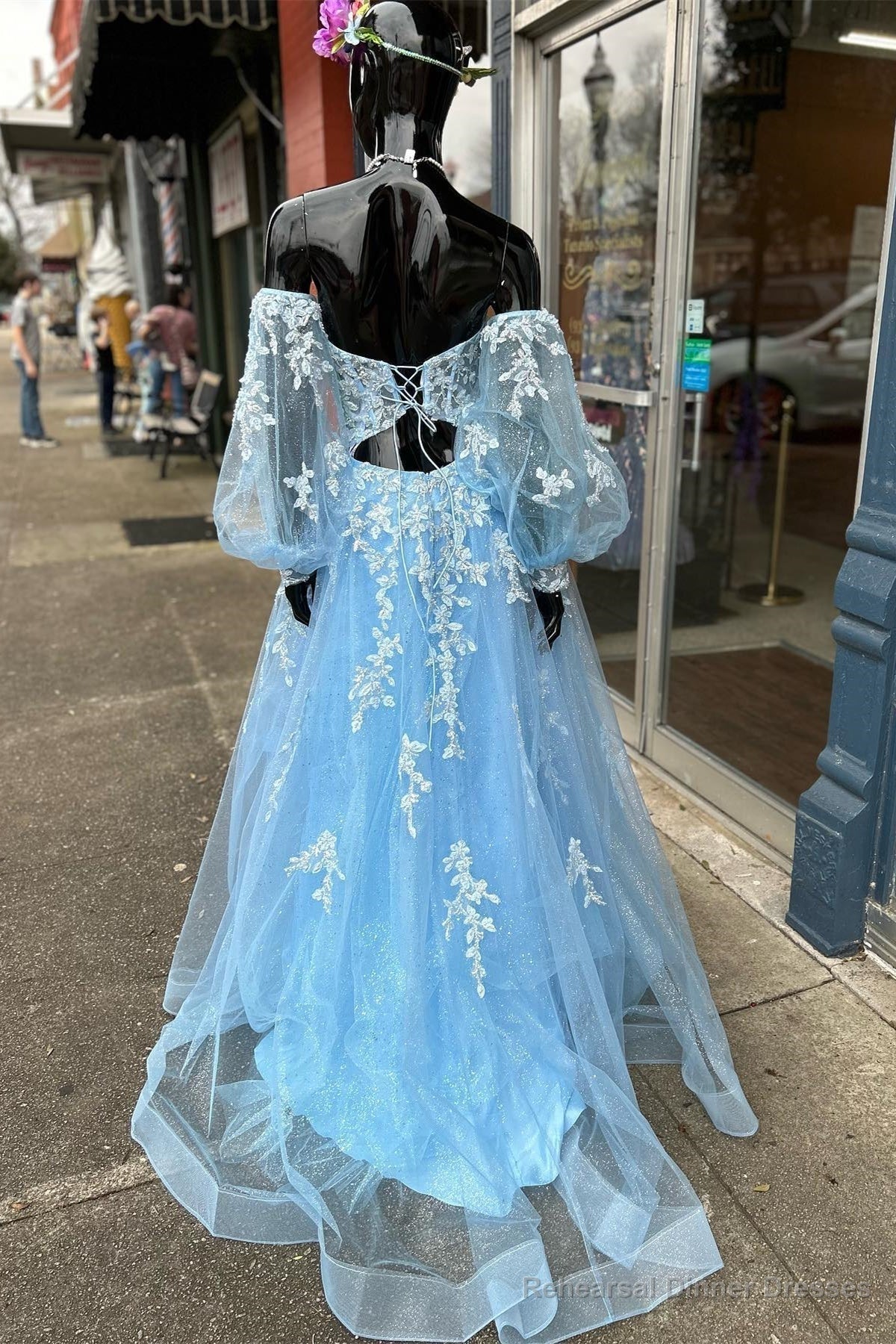 Blue Floral Lace Sweetheart A-Line Prom Gown with Sleeves Main image