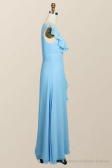 Blue Chiffon Ruffles Long Bridesmaid Dress