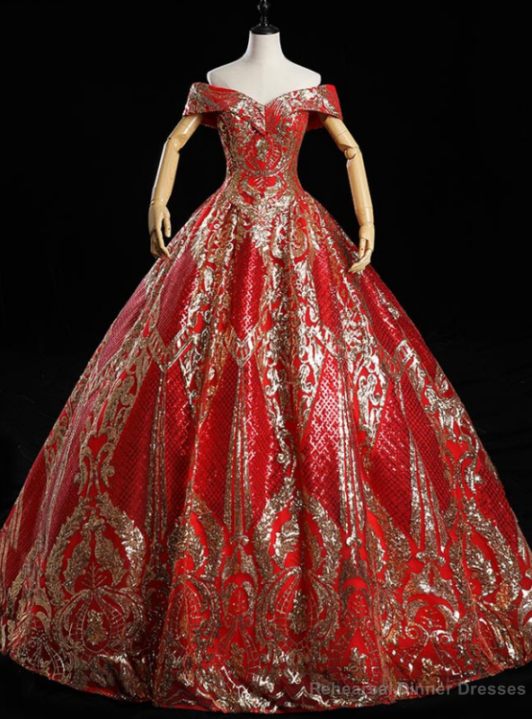 In Figure Flattering Styles For Every Silhouette Red Ball Gown Sequins Off the Shoulder Quinceanera Dress Main image