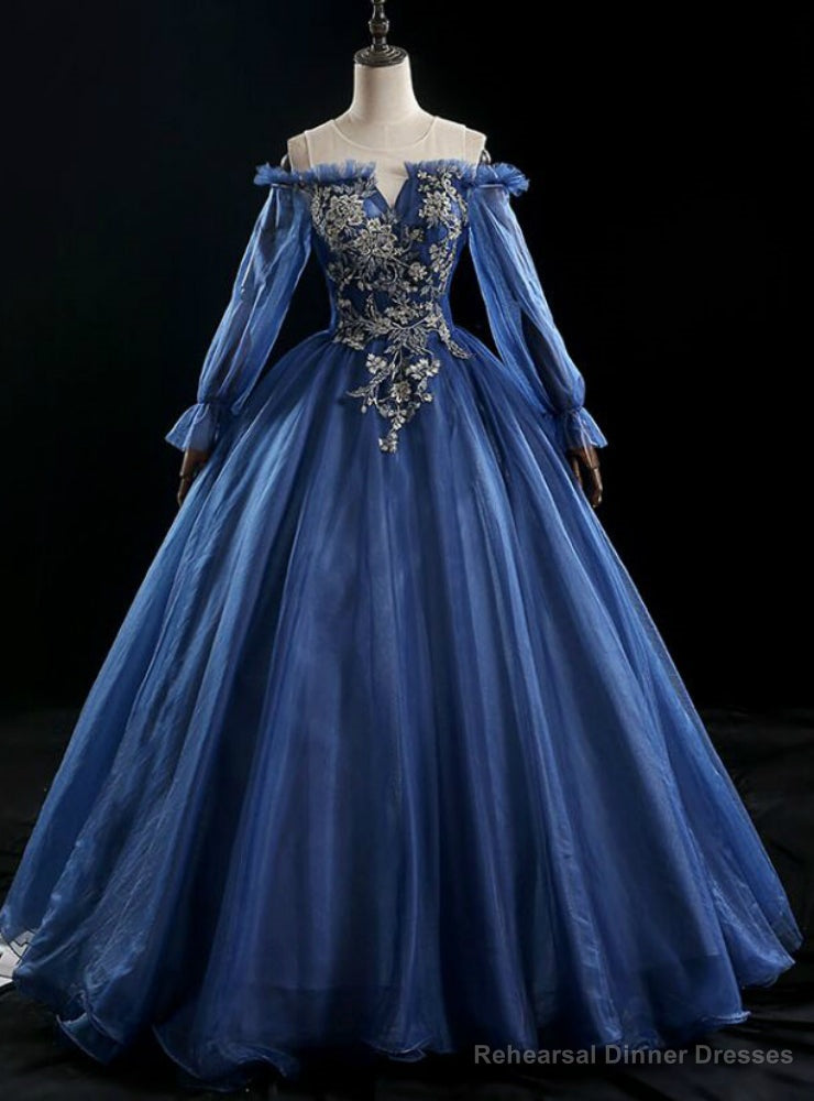 In One Step Navy Blue Ball Gown Tulle Long Sleeve Beading Quinceanera Dress Main image