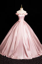 Pink A-Line Off Shoulder Satin Long Classy Prom Dress, Beautiful A-Line Off The Shoulder Party Dress