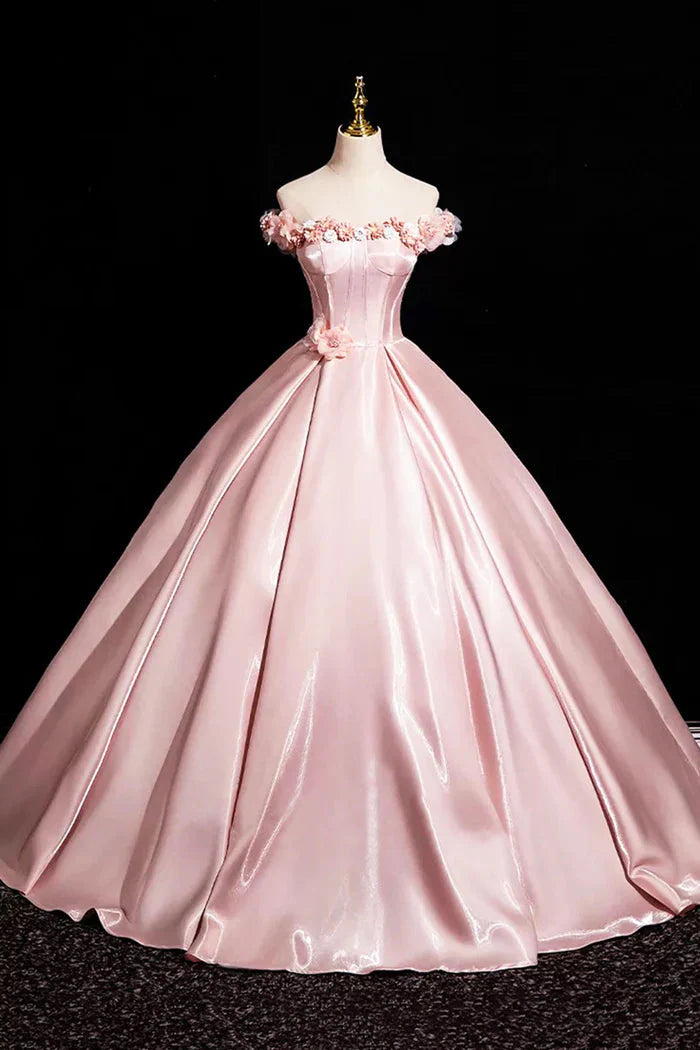 Pink A-Line Off Shoulder Satin Long Classy Prom Dress, Beautiful A-Line Off The Shoulder Party Dress Main image