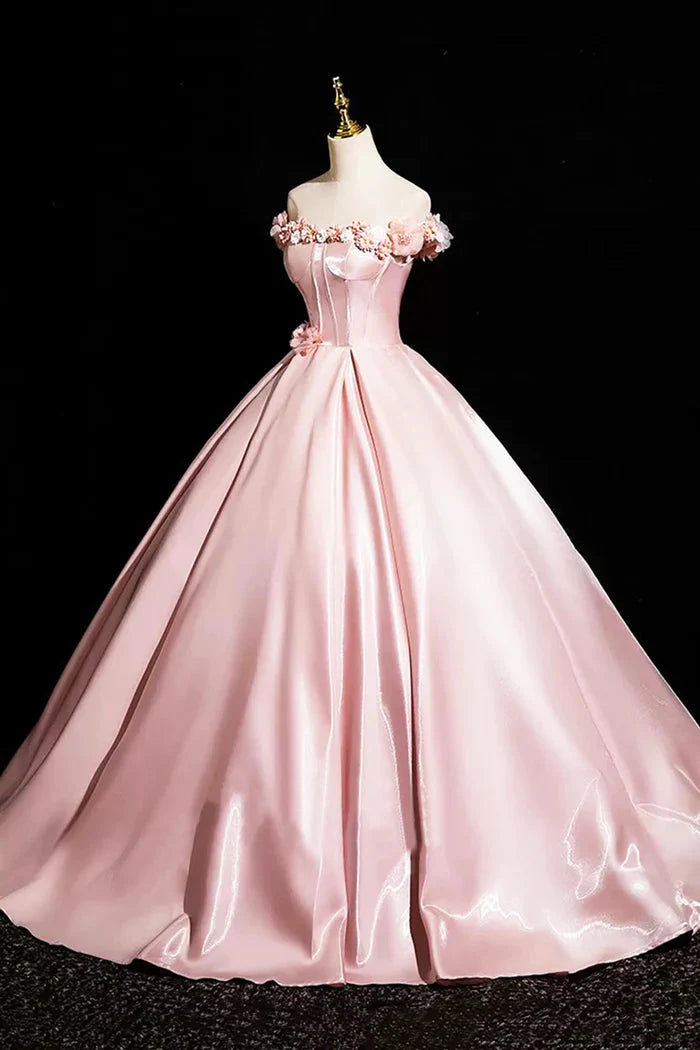 Pink A-Line Off Shoulder Satin Long Classy Prom Dress, Beautiful A-Line Off The Shoulder Party Dress