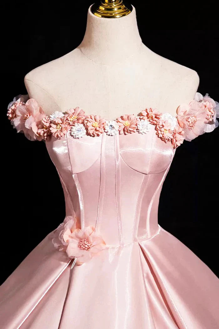 Pink A-Line Off Shoulder Satin Long Classy Prom Dress, Beautiful A-Line Off The Shoulder Party Dress