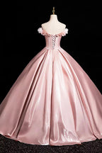 Pink A-Line Off Shoulder Satin Long Classy Prom Dress, Beautiful A-Line Off The Shoulder Party Dress