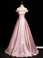 Pink A-Line Off Shoulder Satin Long Classy Prom Dress, Beautiful A-Line Off The Shoulder Party Dress