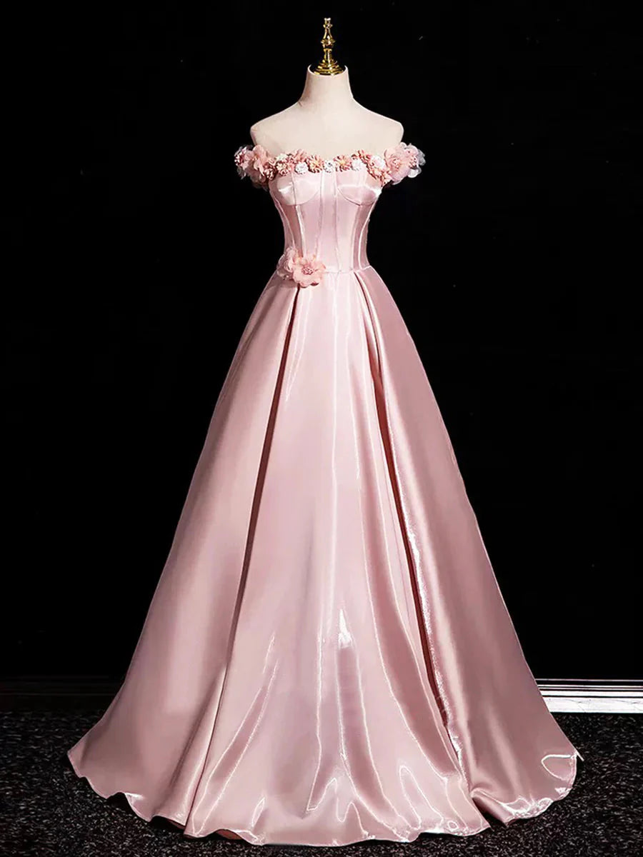 Pink A-Line Off Shoulder Satin Long Classy Prom Dress, Beautiful A-Line Off The Shoulder Party Dress