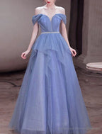 A-Line Prom Dresses Sparkle & Shine Dresses Wedding Guest Birthday Floor Length Sleeveless Off Shoulder Tulle with Sequin Dresses