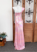 Iridescent Pink Mermaid One-Shoulder 3D Floral Slit Satin Long Classy Prom Dress