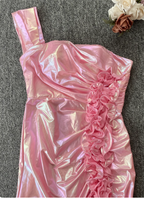 Iridescent Pink Mermaid One-Shoulder 3D Floral Slit Satin Long Classy Prom Dress