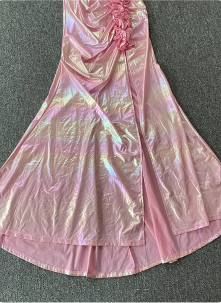 Iridescent Pink Mermaid One-Shoulder 3D Floral Slit Satin Long Classy Prom Dress