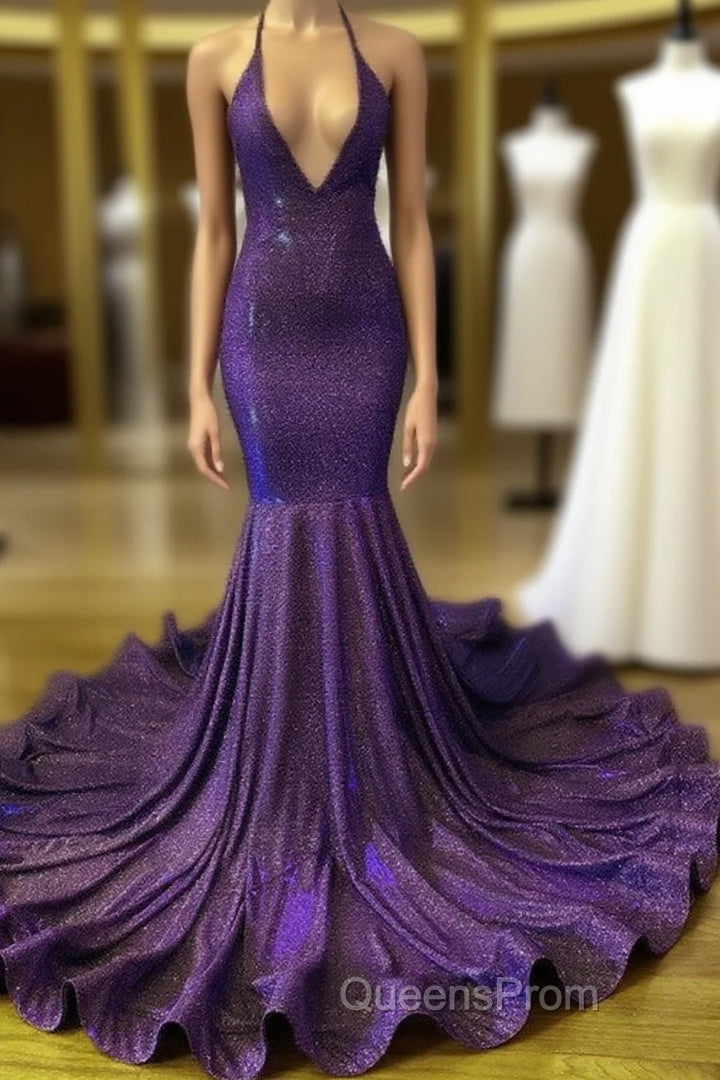 Iridescent Evening Prom Dress Mermaid V-Neck Open Back