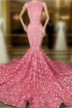 Iridescent Sequins Pink Rosette Mermaid Evening Prom Dress