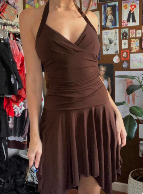 Irregular Halter Neck V-Neck Brown Waisted Birthday Short Skirt Homecoming Dress Main image