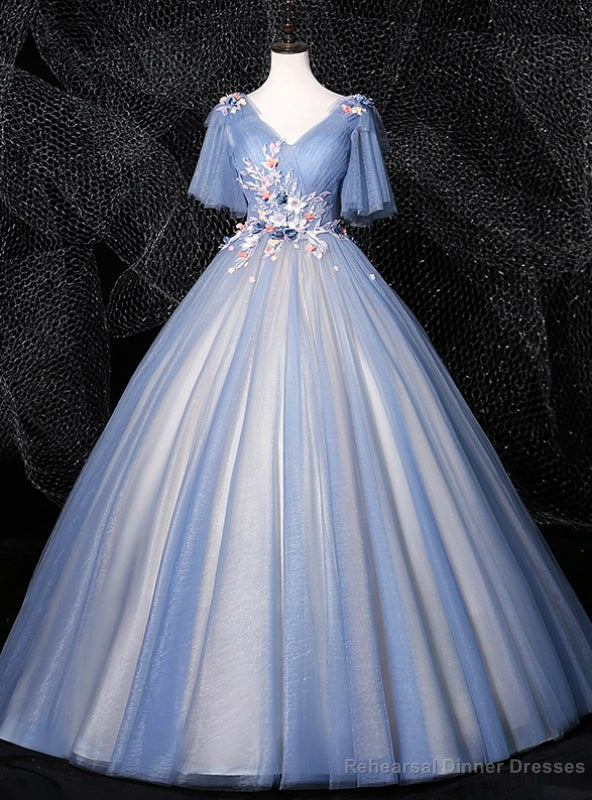 Is Now Available. Blue Ball Gown Tulle Appliques Pearls Pleats Quinceanera Dress Main image