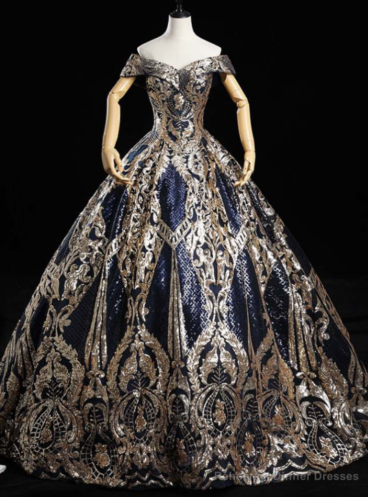 Is Now Available. Luxury Navy Blue Ball Gown Sequins Off the Shoulder Quinceanera Dress Main image