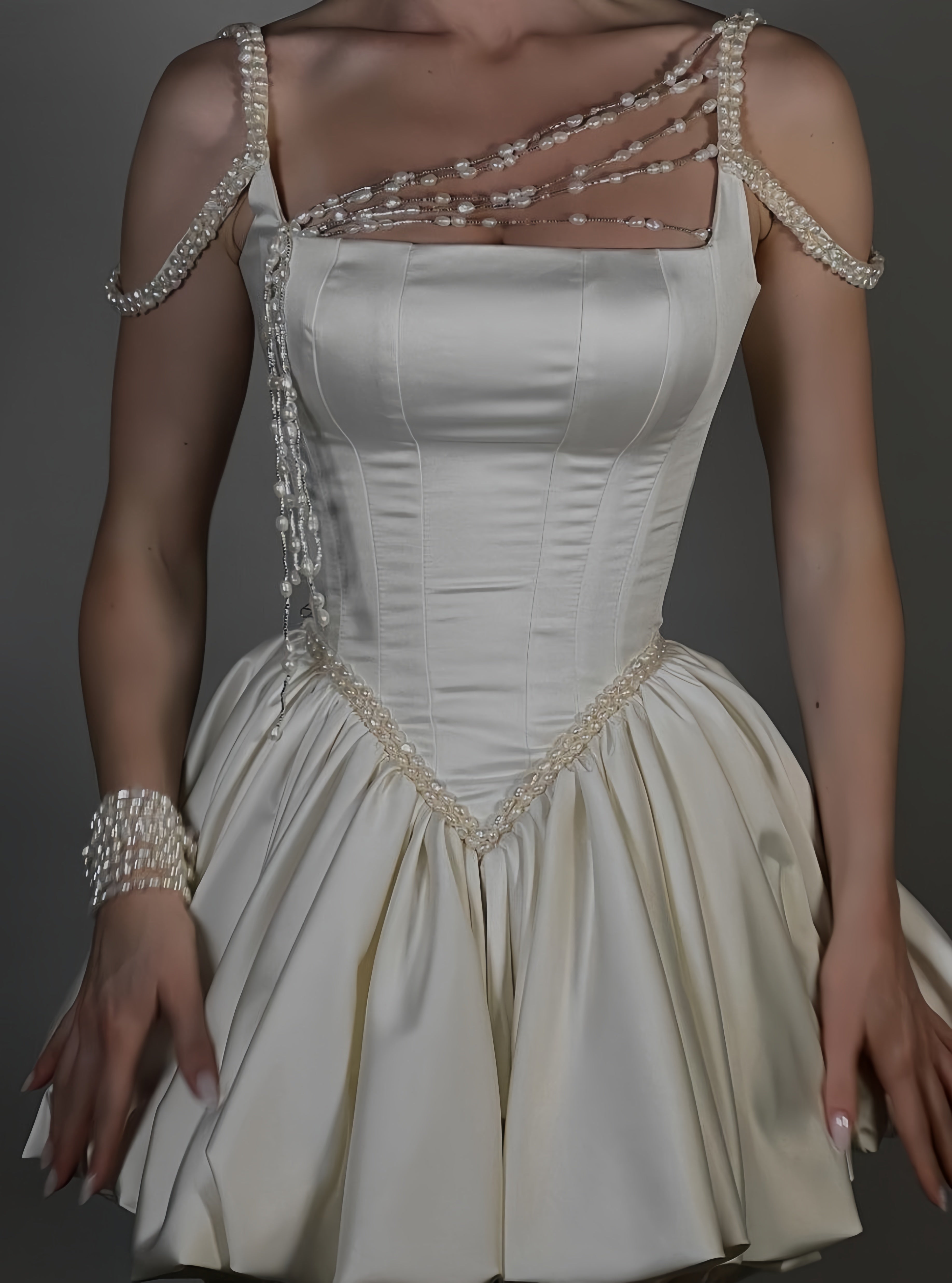 Ivory A-Line Pearl Satin Homecoming Dress Mini Classy Prom Bridal Dress, Main image