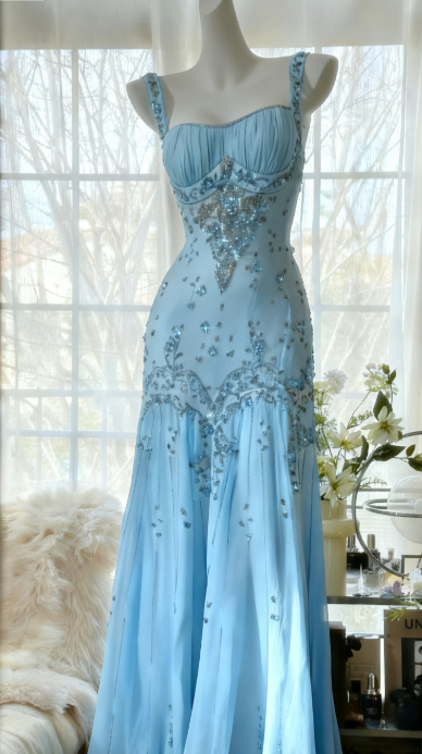 Ivory A Line Straps Beaded Chiffon Long Classy Prom Dress Graduation Classy Prom Dress