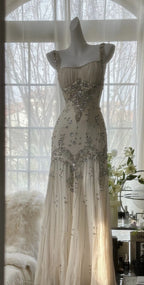 Ivory A Line Straps Beaded Chiffon Long Classy Prom Dress Graduation Classy Prom Dress