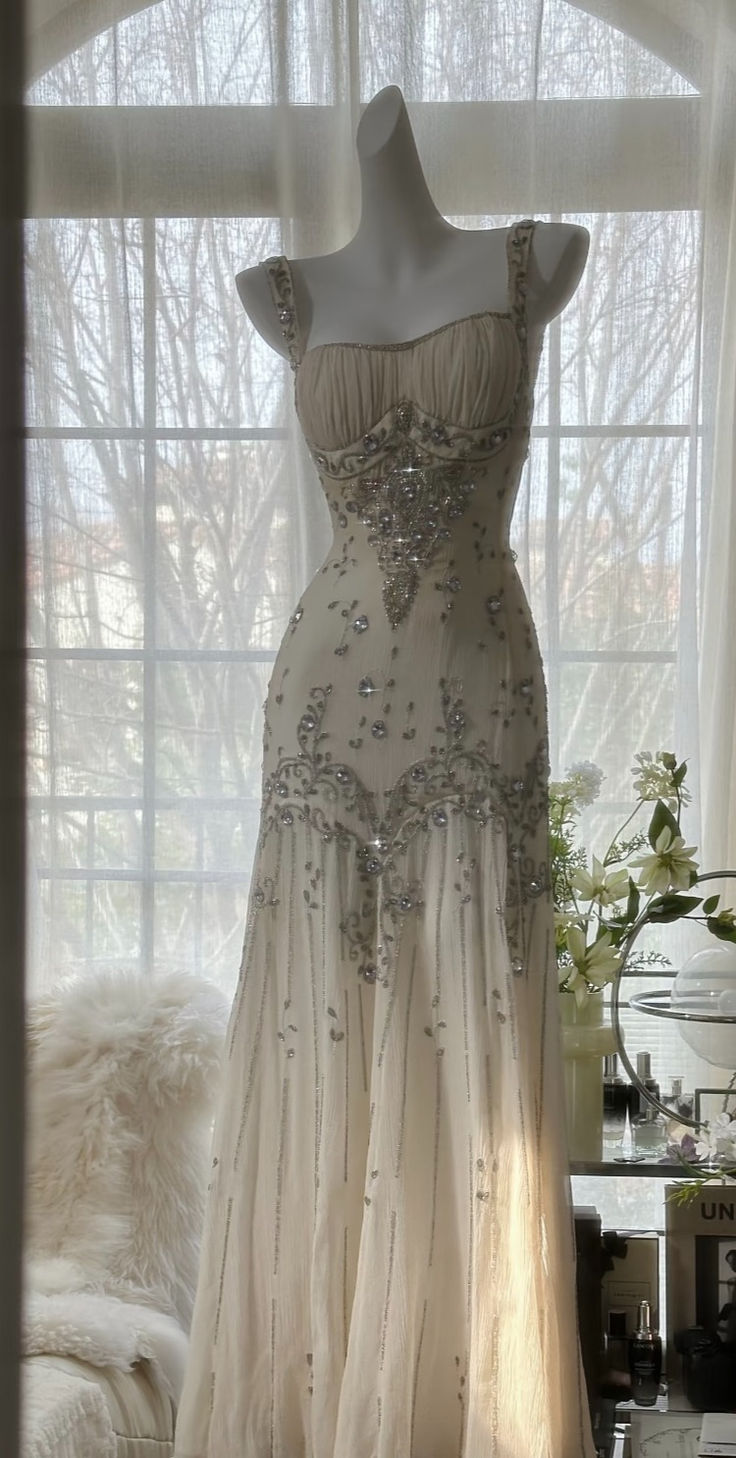 Ivory A Line Straps Beaded Chiffon Long Classy Prom Dress Graduation Classy Prom Dress