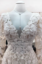 Ivory A-line Tulle Long Sleeves Lace Appliques Open Back Wedding Dress