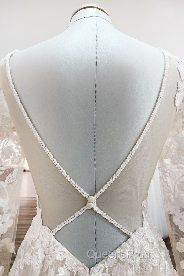 Ivory A-line Tulle Long Sleeves Lace Appliques Open Back Wedding Dress