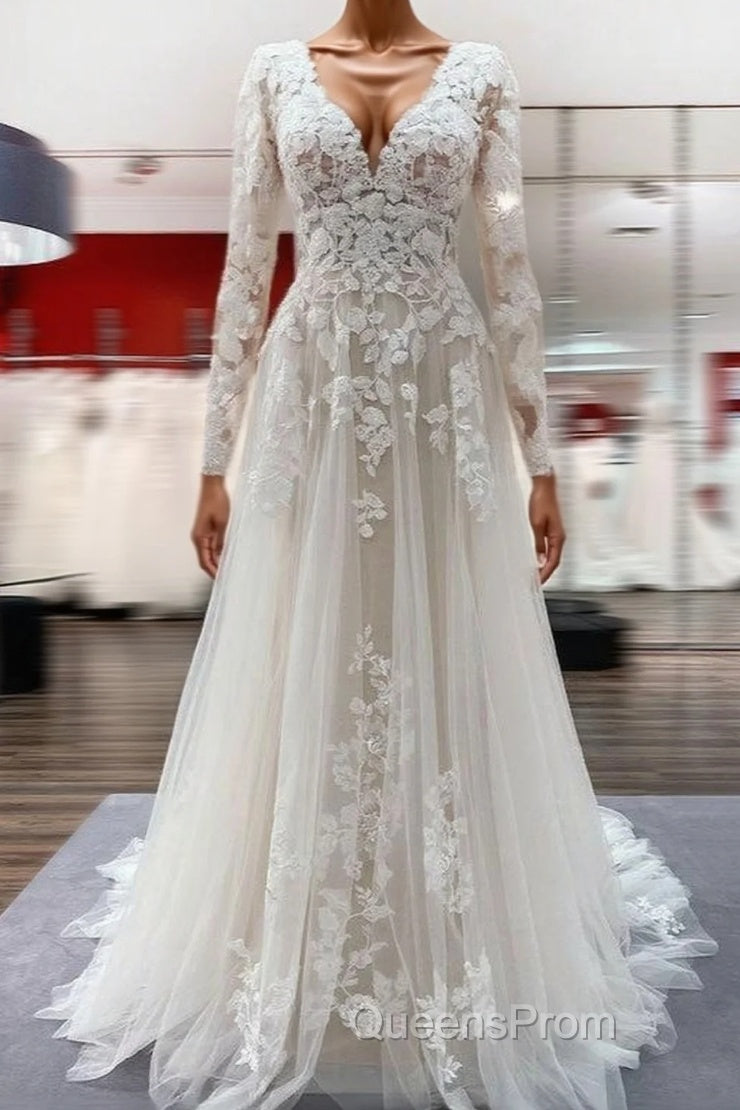 Ivory A-line Tulle Long Sleeves Lace Appliques Open Back Wedding Dress Main image