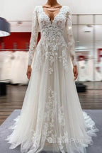Ivory A-line Tulle Long Sleeves Lace Appliques Open Back Wedding Dress