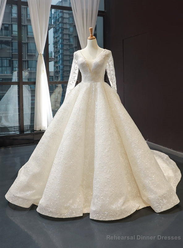 Ivory Ball Gown V-neck Long Sleeve Appliques Backless Wedding Dress Main image