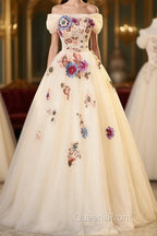 Ivory Ball Gown With Flowers Sweetheart Formal Dress, Lovely Sweet 16 Dress Party Dress