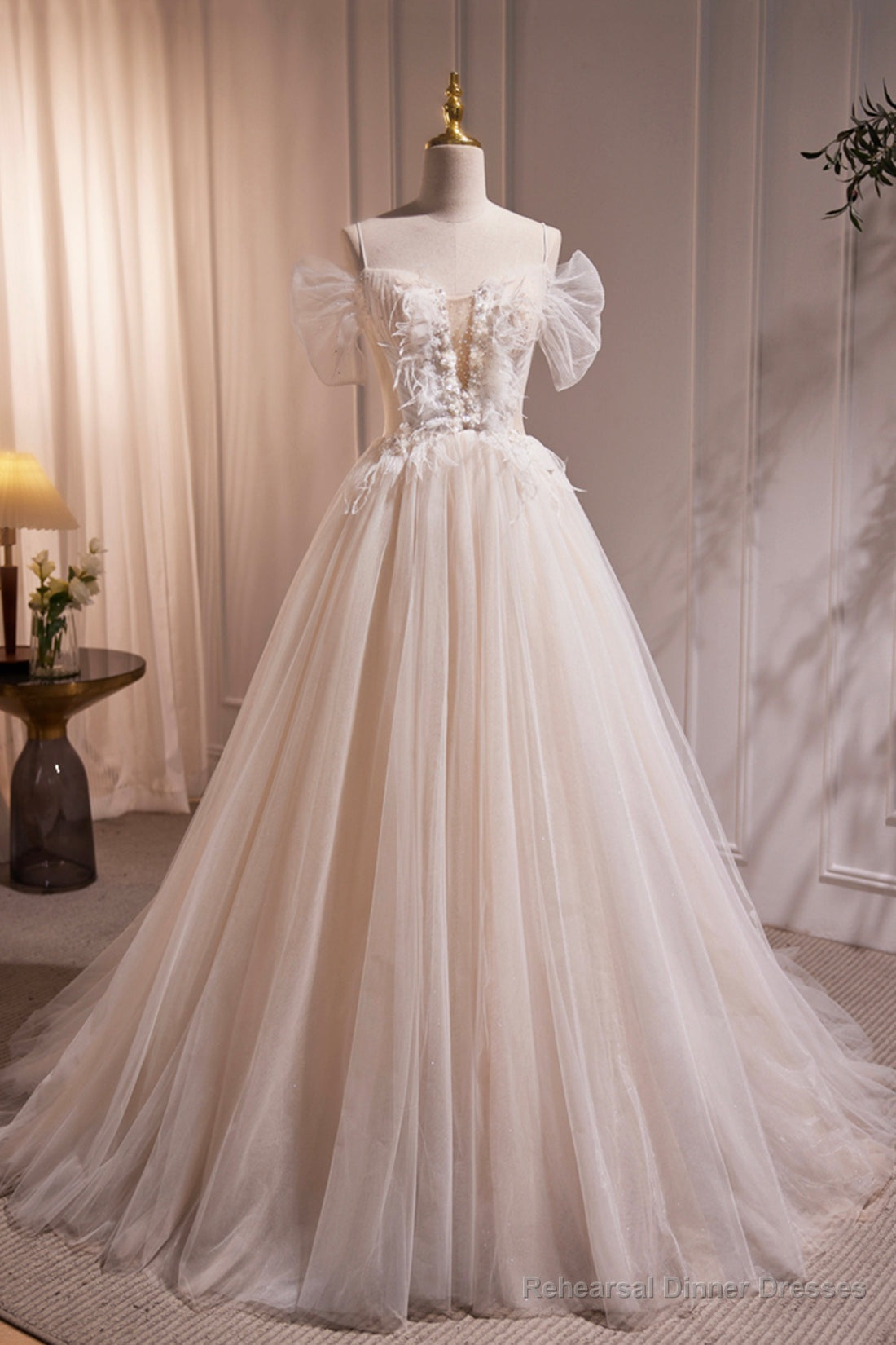 Ivory Floor Length Beaded Straps Prom Dress, Ivory Tulle Evening Dress Secondary image